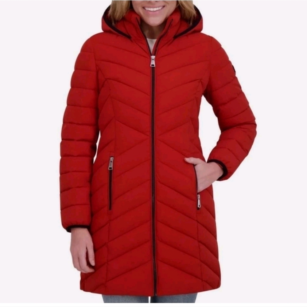 DKNY Red Hooded Puffer Coat